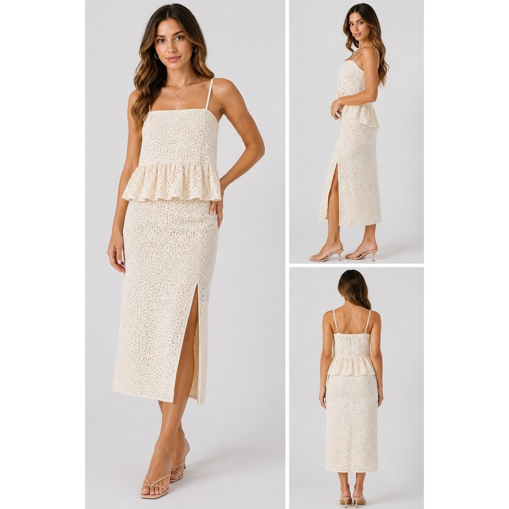 A New Day Cream Eyelet Peplum Camisole Top Adjustable Straps Size L NEW